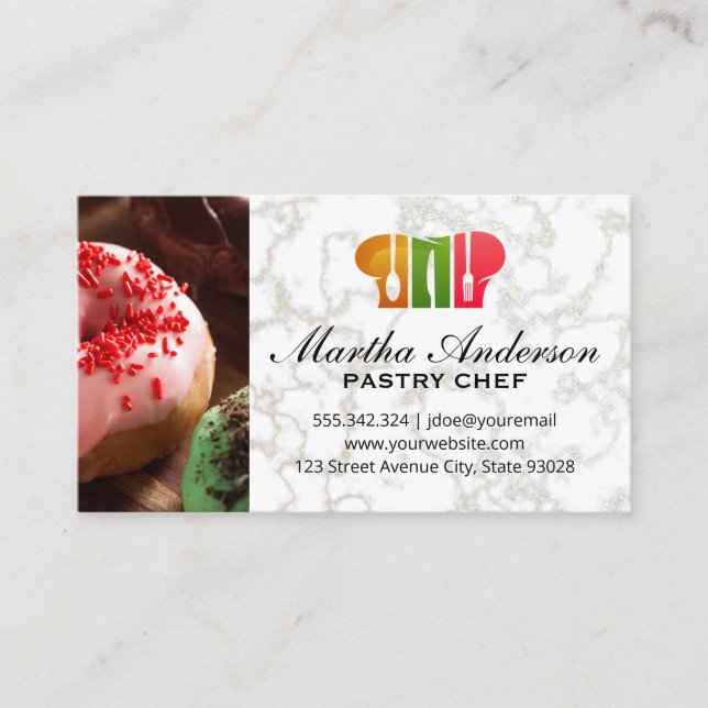 Doughnuts  | Gold White Marble | Chef Hat Logo Business Card (Front)