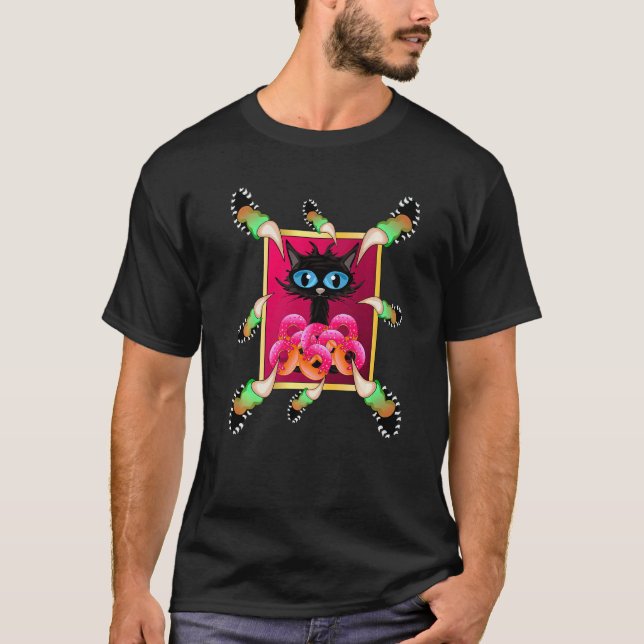 Doughnuts Long Finger Claws Cute Black Cat Kitten T-Shirt (Front)