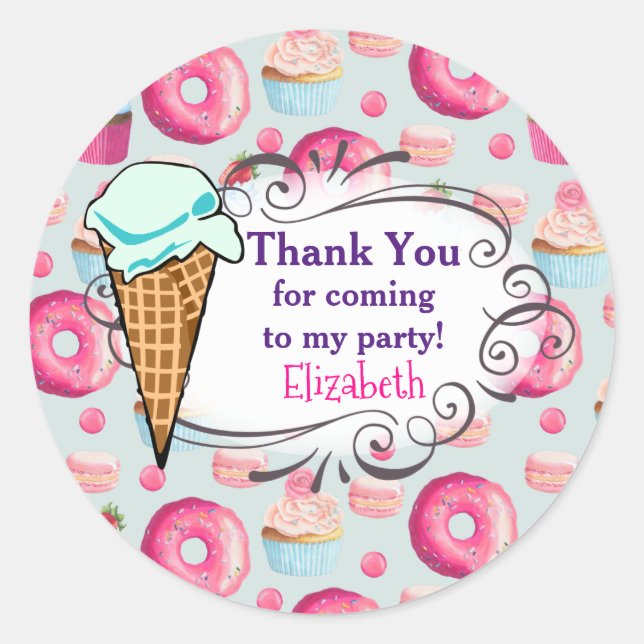 Doughnuts Macarons And Cupcake Party Thank You Classic Round Sticker (Front)