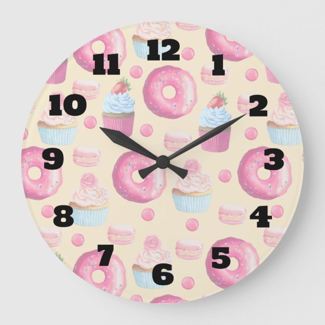 Doughnuts Macarons And Cupcake Pattern In Large Clock (Front)