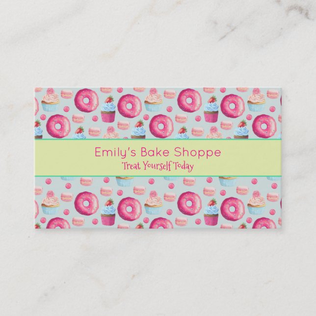 Doughnuts Macarons And Cupcake Pattern In Watercol Business Card (Front)