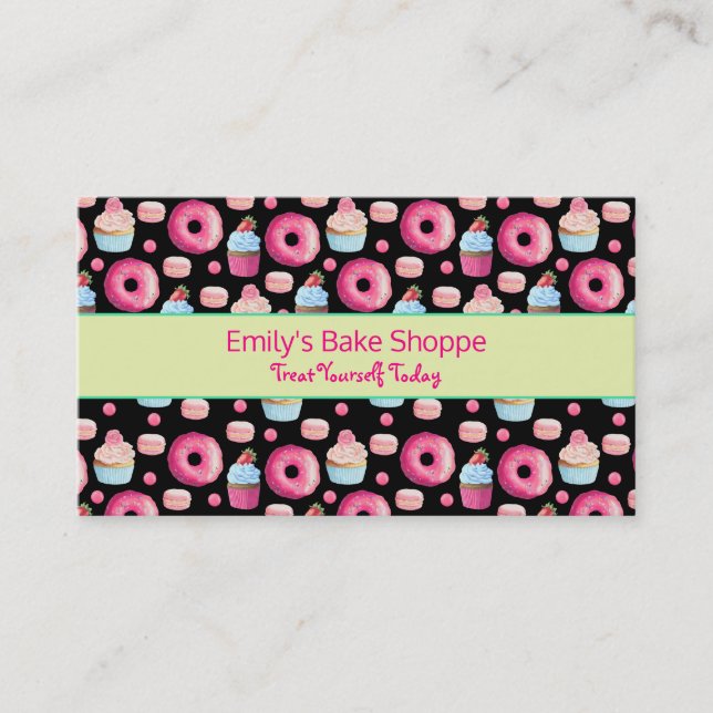 Doughnuts Macarons And Cupcake Pattern In Watercol Business Card (Front)