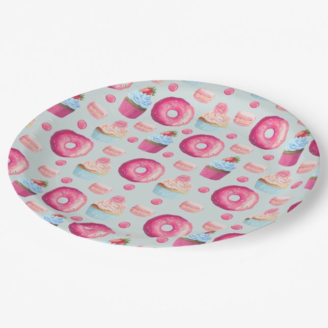 Doughnuts Macarons And Cupcake Pattern In Watercol Paper Plate (Angled)
