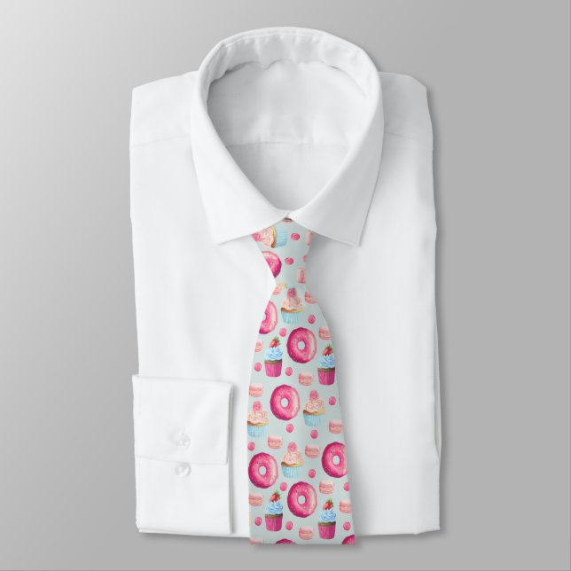 Doughnuts Macarons And Cupcake Pattern In Watercol Tie (Tied)