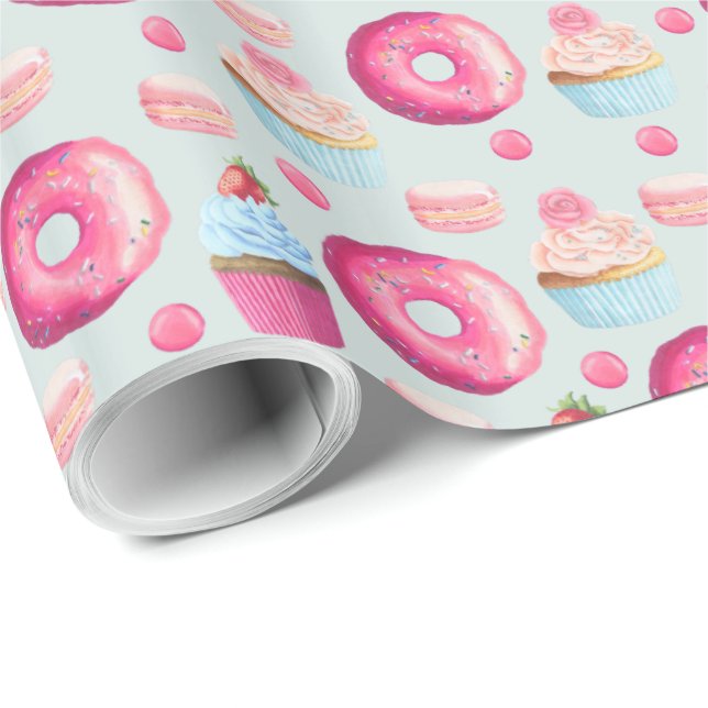 Doughnuts Macarons And Cupcake Pattern In Watercol Wrapping Paper (Roll Corner)