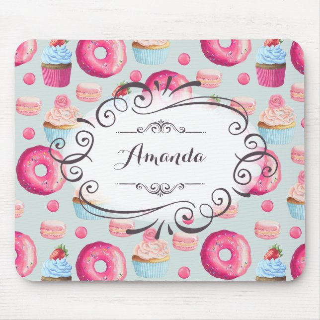 Doughnuts Macarons And Cupcake Whimsical Personali Mouse Mat (Front)