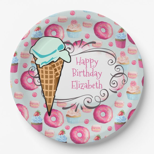 Doughnuts Macarons Cupcake Ice Cream Custom Birthd Paper Plate (Front)