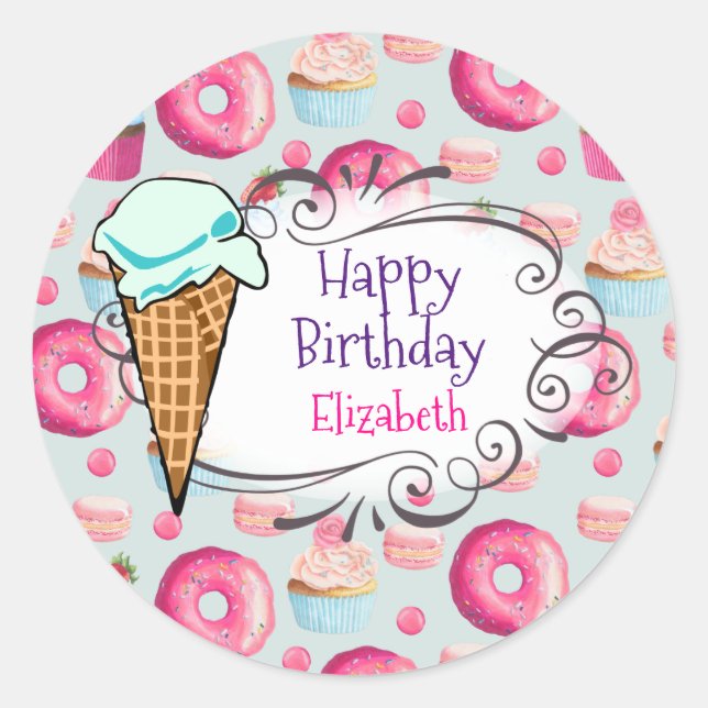 Doughnuts Macarons Cupcakes Happy Birthday Custom Classic Round Sticker (Front)