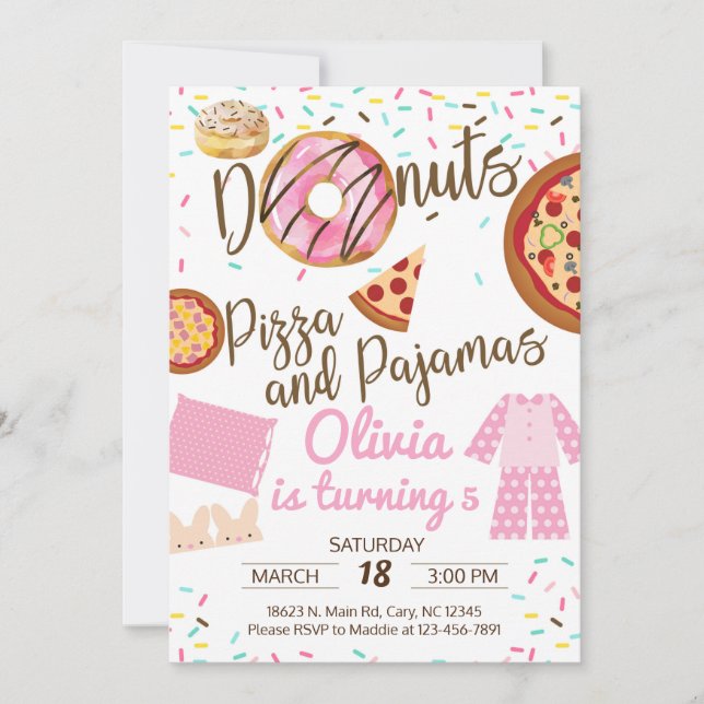 Doughnuts, pizza and pyjamas, sleepover invitation (Front)