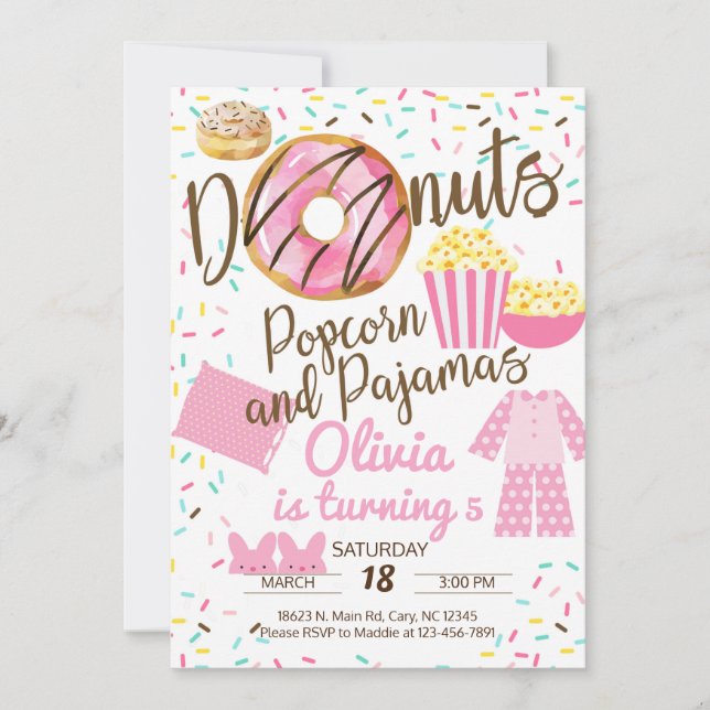 Doughnuts, popcorn and pyjamas, sleepover invitati invitation (Front)