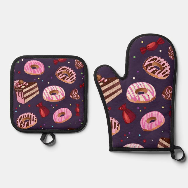 Doughnuts Print Oven Mitt & Pot Holder Set (Front)