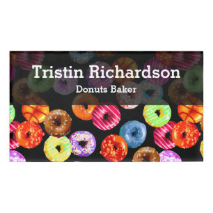 Doughnuts seamless pattern + your backgr. & ideas name tag