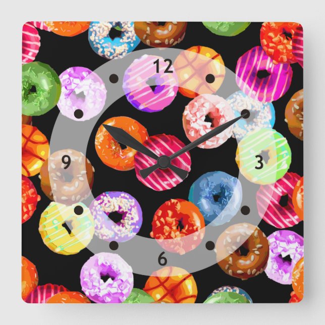 Doughnuts seamless pattern + your backgr. & ideas square wall clock (Front)