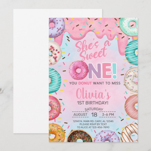 Doughnuts Sweet One girl 1st birthday invitation. Invitation (Front/Back)