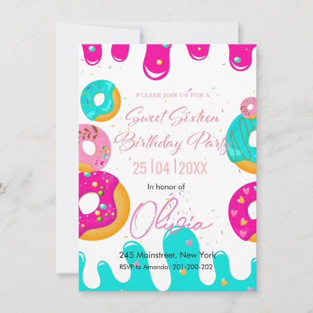 Doughnuts sweet sixteen birthday invitation (Front)