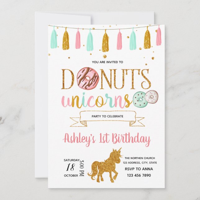 Doughnuts unicorn party invitation (Front)