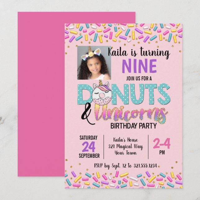 Doughnuts & Unicorns Themed Birthday Party Invitat Invitation (Front/Back)