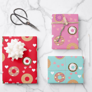 Doughnuts Valentine's Day  Hearts Red Pink Teal Wrapping Paper Sheet