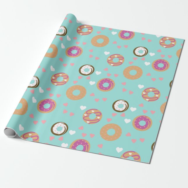 Doughnuts Valentine's Day  Hearts Red  Sea Teal Wrapping Paper (Unrolled)