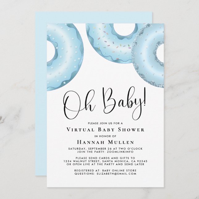 Doughnuts Virtual Baby Shower Blue Invitation (Front/Back)