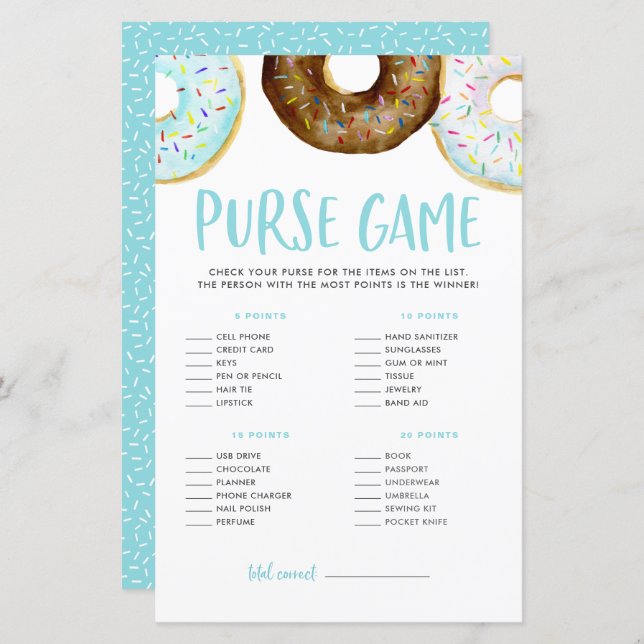 Doughnuts What's In Your Purse Baby Shower Game (Front/Back)
