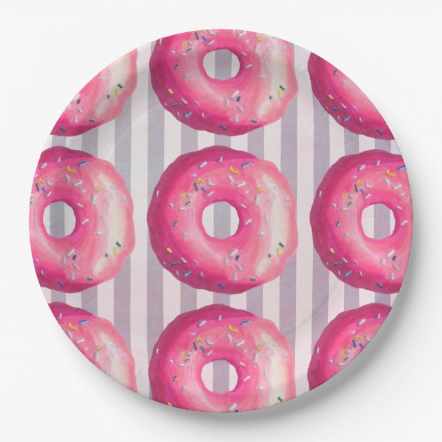 Doughnuts With Pink Frosting And Sprinkles Paper Plate (Front)