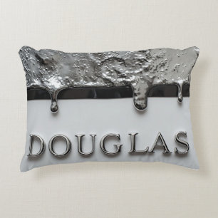Douglas Chrome Nameplate With Liquid Metal Drips Decorative Cushion