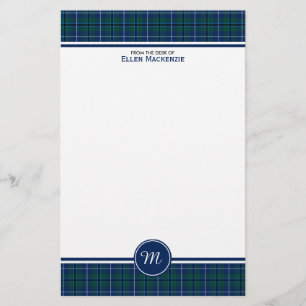Douglas Clan Dark Blue Modern Tartan Monogram Stationery