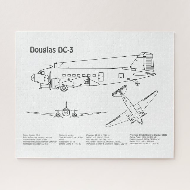 Douglas DC-3 - Aeroplane Blueprint Drawing Plans B Jigsaw Puzzle (Horizontal)