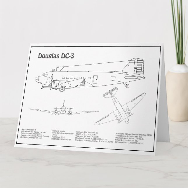 Douglas DC-3 - Aeroplane Blueprint Drawing Plans B Thank You Card (Front)