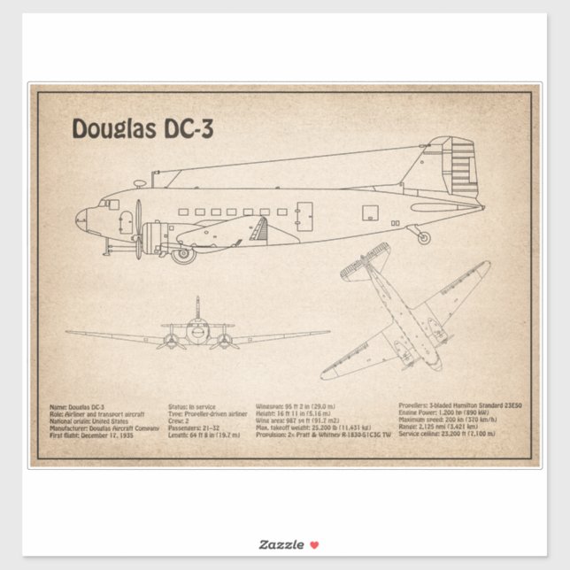 Douglas DC-3 - Aeroplane Blueprint Drawing Plans S (Sheet)