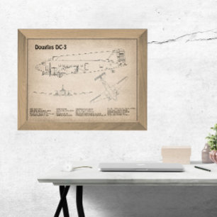 Douglas DC-3 - Aeroplane Blueprint Drawing Plans S Photo Print
