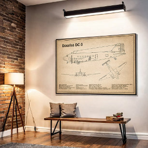 Douglas DC-3 - Aeroplane Blueprint Drawing Plans S Poster