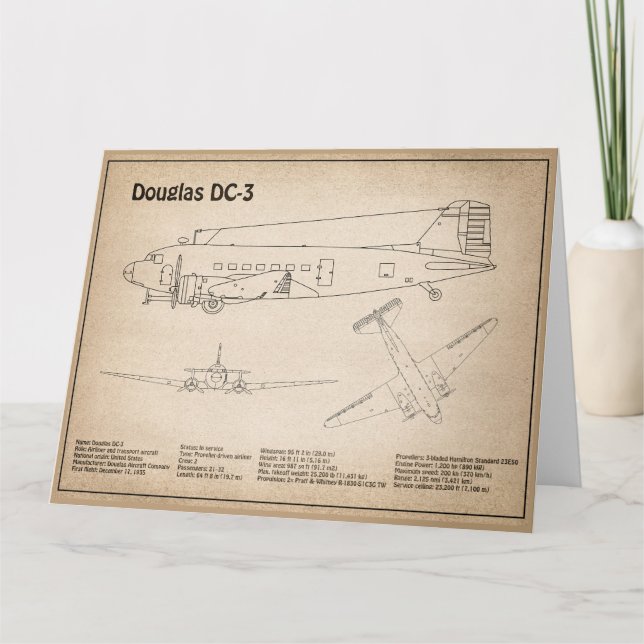 Douglas DC-3 - Aeroplane Blueprint Drawing Plans S Thank You Card (Front)