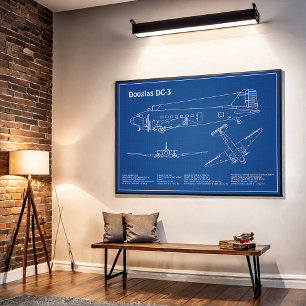 Douglas DC-3 - Airplane Blueprint Drawing Plans AD Poster