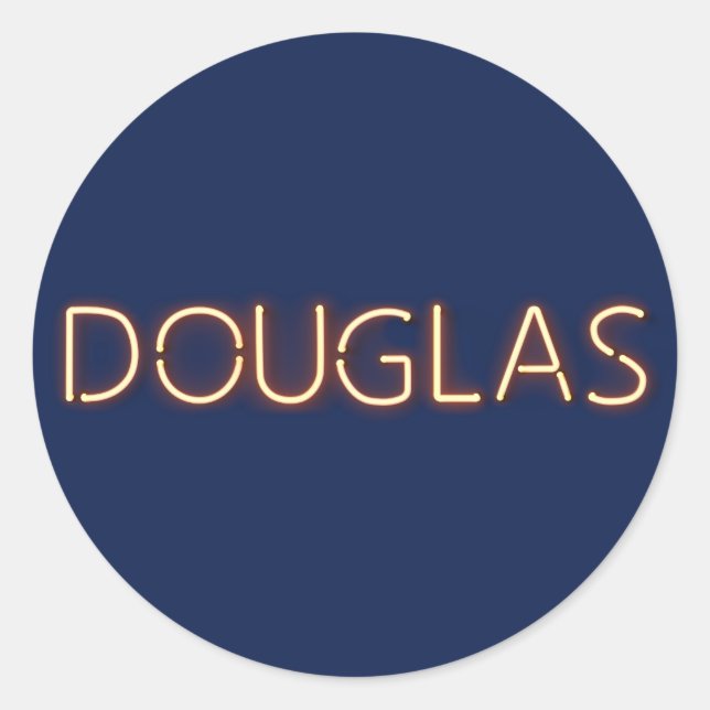 Douglas name in glowing neon lights classic round sticker (Front)