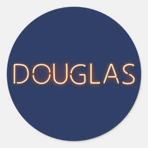 Douglas name in glowing neon lights classic round sticker
