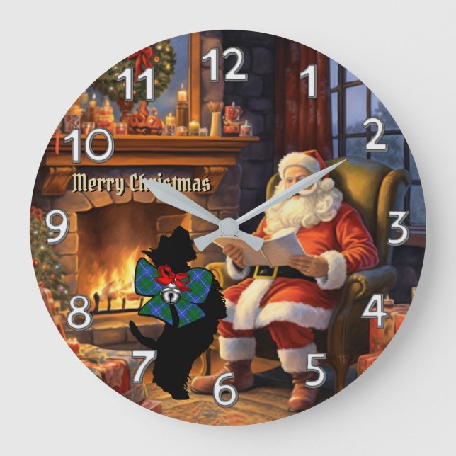 Douglas Scottie Dog & Santa Personalised Xmas Large Clock (Front)