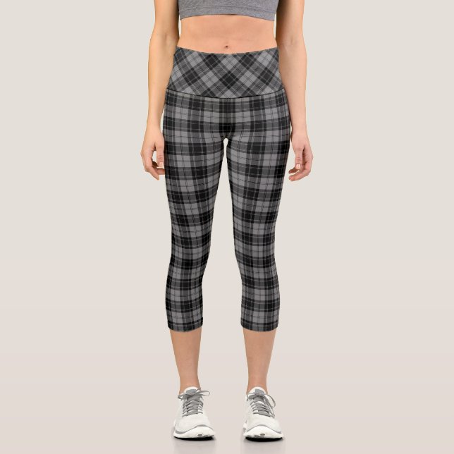 Douglas tartan black grey plaid capri leggings (Front)