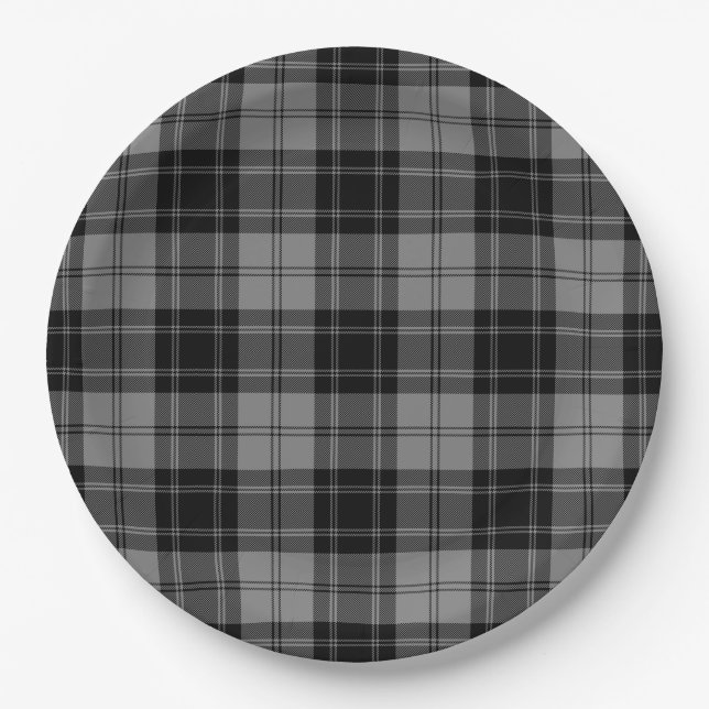 Douglas tartan black grey plaid paper plate (Front)