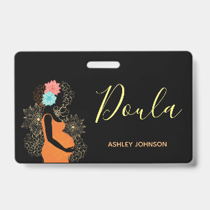 Doula Birth Coach Midwife Floral Calligraphy Black ID Badge