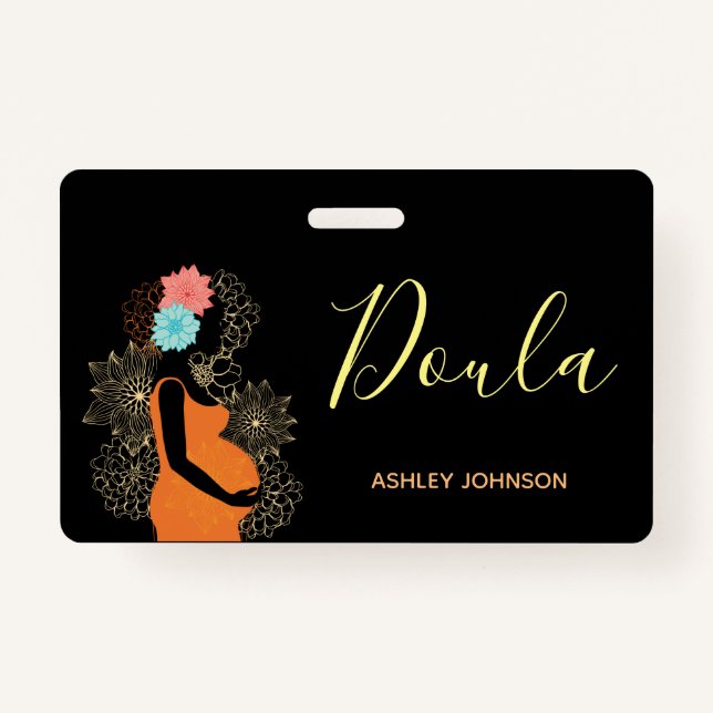 Doula Birth Coach Midwife Floral Calligraphy Black ID Badge (Front)
