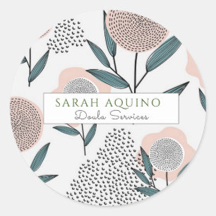 Doula Hand Drawn Floral Dusty Coral And Green Classic Round Sticker