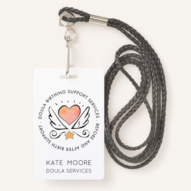 Doula Or Midwife Heart With Wings Name White ID Badge (Front with Lanyard)