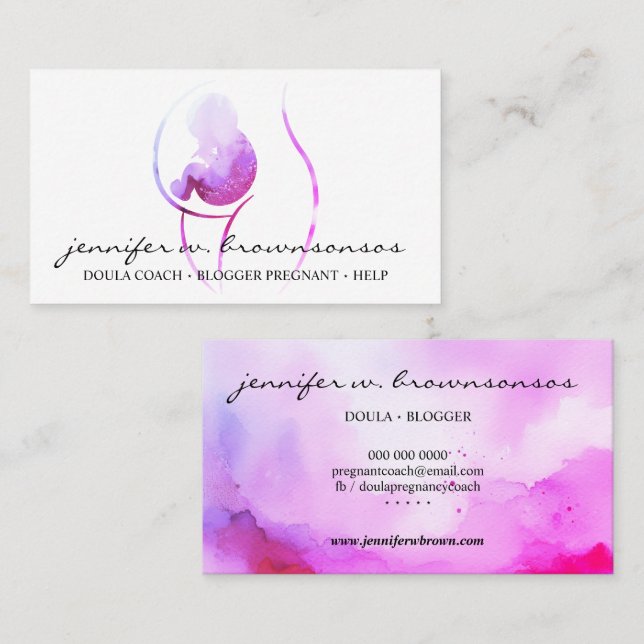 Doula Pink Watercolor Pregnant Baby Newborn Business Card (Front/Back)