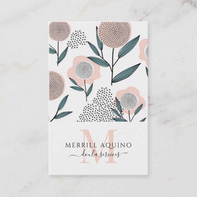 Doula Services Monogram Hand Drawn Floral  Business Card (Front)