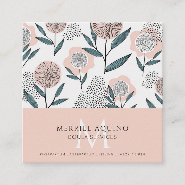 Doula Services Monogram Hand Drawn Floral Square Business Card (Front)