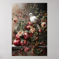 Dove And Pomegranate Art Print, Dark Cottagecore