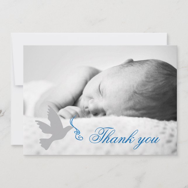 Dove blue boys baptism photo thank you card (Front)