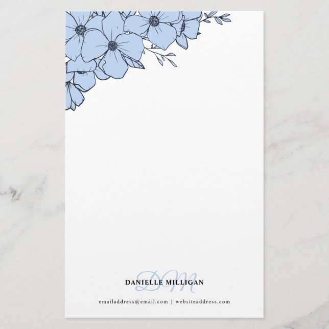 Dove Blue Flowers Name Monogram Website Stationery (Front)